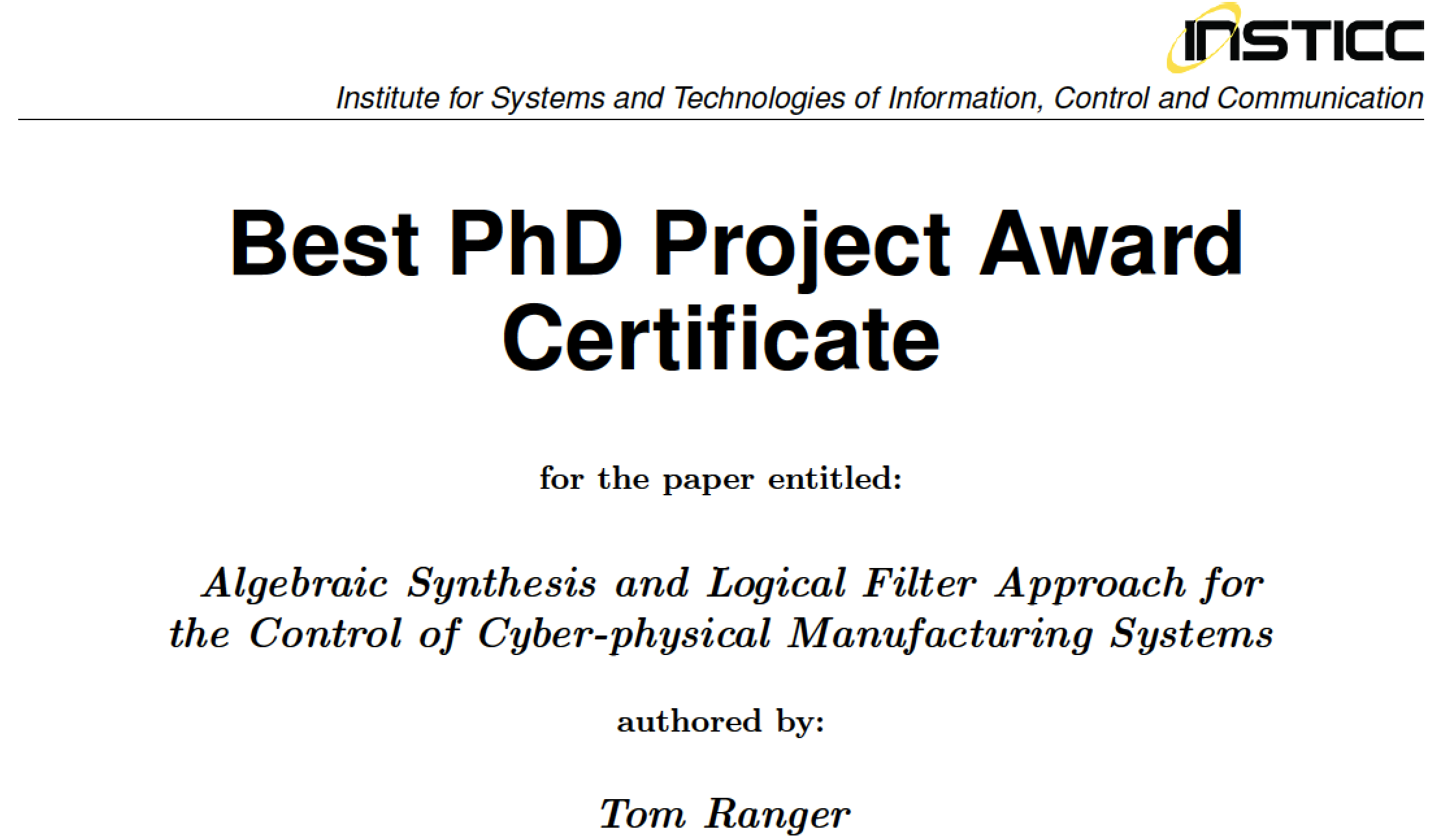 Tom Ranger obtient le prix "Best PHD Project Award" de ICINCO 2020